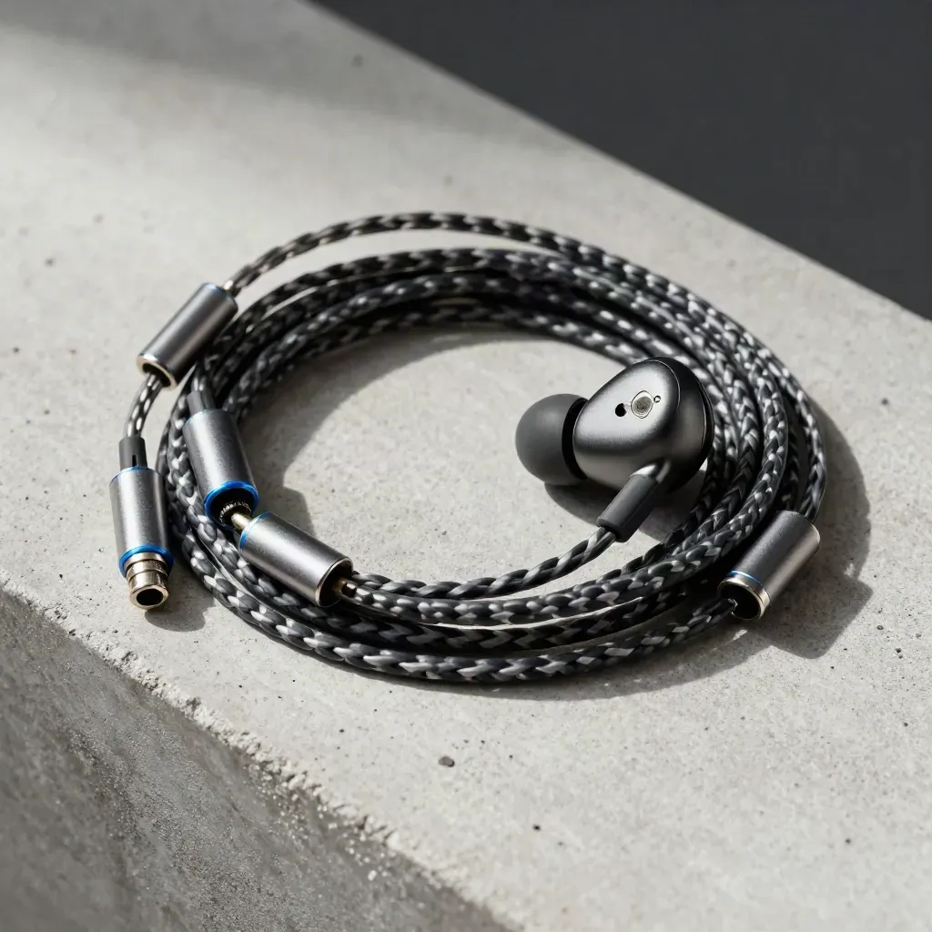 In-ear monitor cable, matte headset body, and clamps on pale concrete.