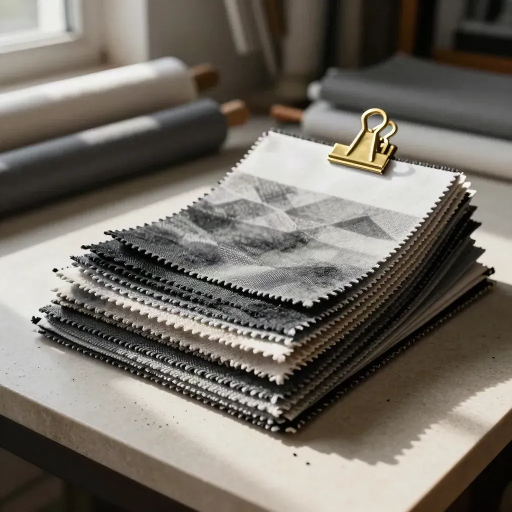Textile swatches, brass clips, and a white pattern weight on a stone atelier bench in soft daylight.