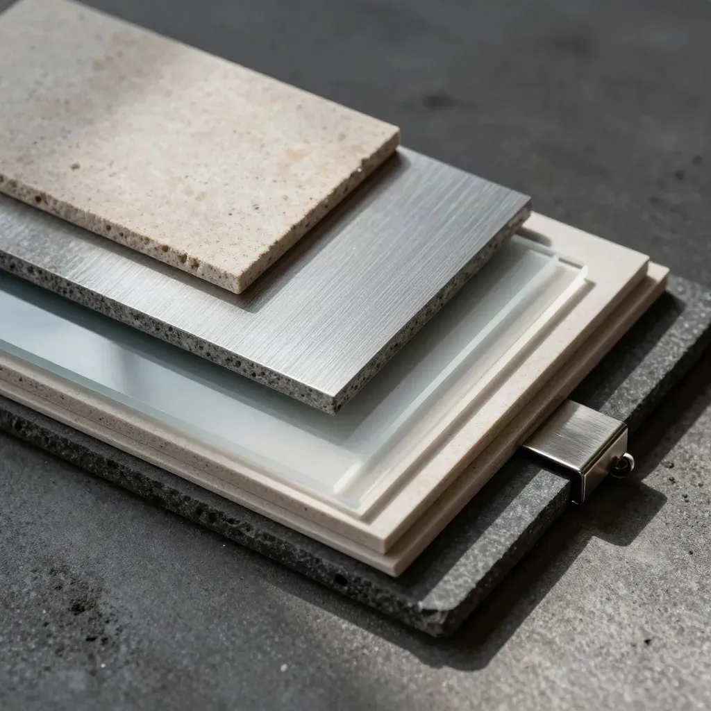 Premium overhead still life of stone, aluminum, and acrylic swatches with a steel clip.