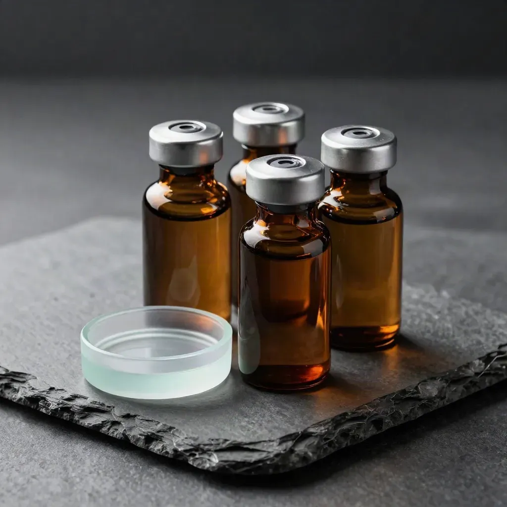 Amber lab vials and frosted sample dish arranged in a tense triangle on graphite stone.