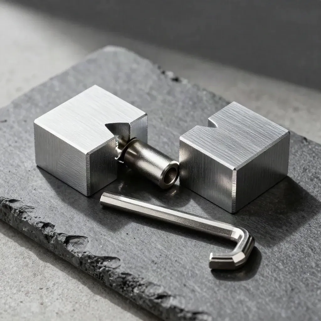Macro flat lay of machined aluminum blocks and a steel spacer on graphite concrete.