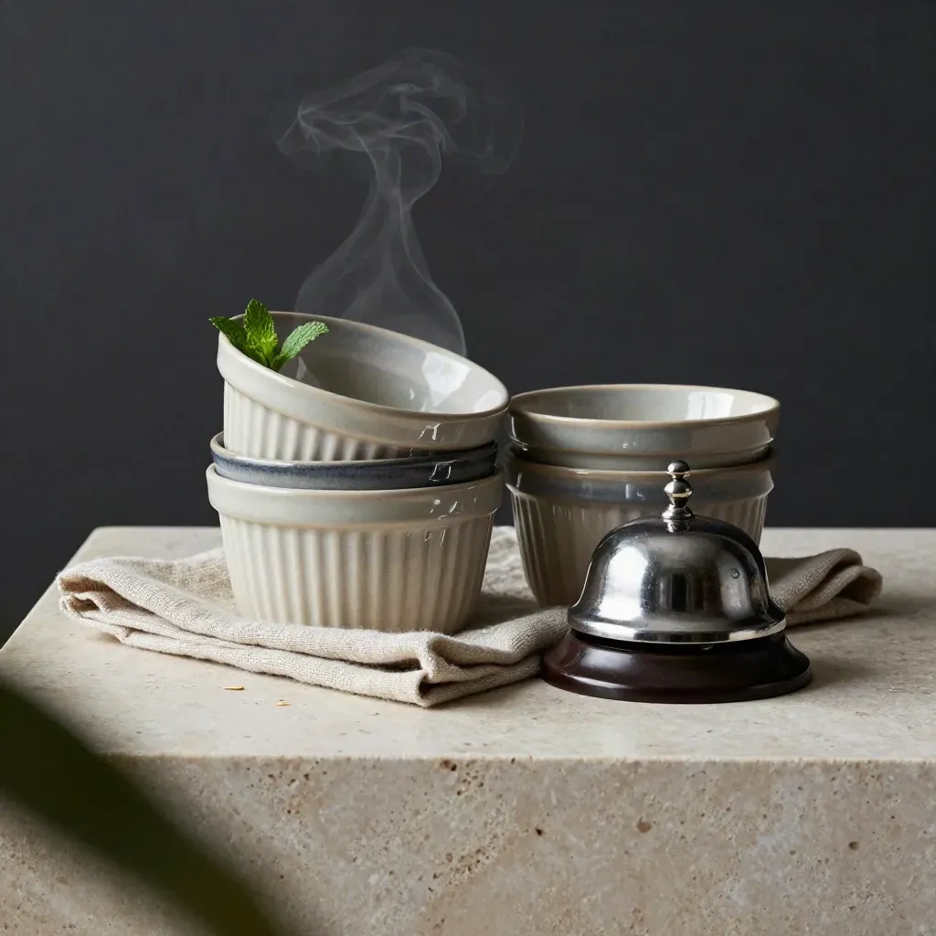 Ramekins, linen napkin, and service bell on travertine with steam and mint reflections.