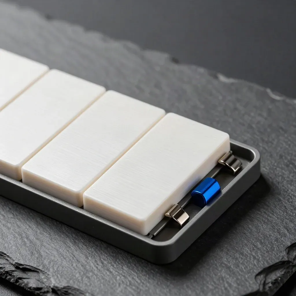 Macro of magnetic task tiles and steel clips aligned in a graphite tray with a blue accent.