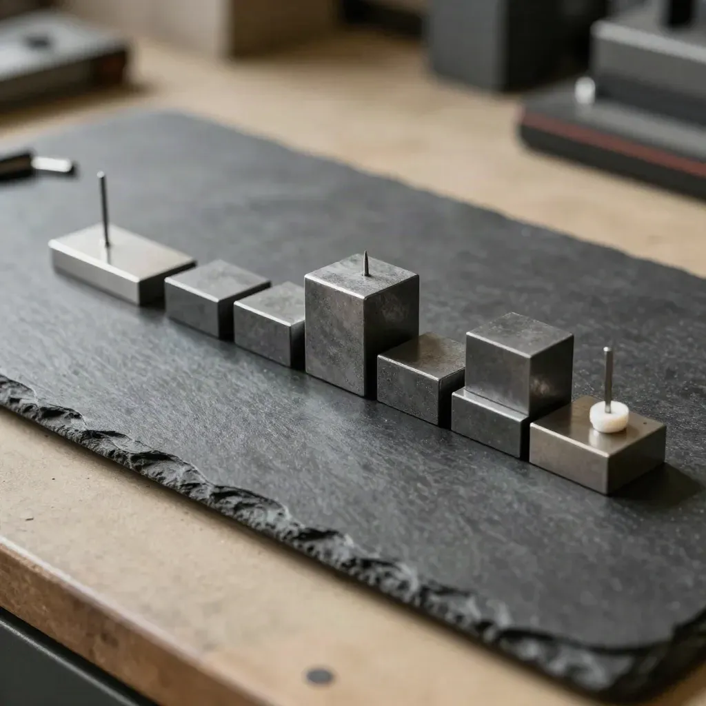 Matte metal timeline blocks and a white alignment pin on a slate workbench in soft daylight.