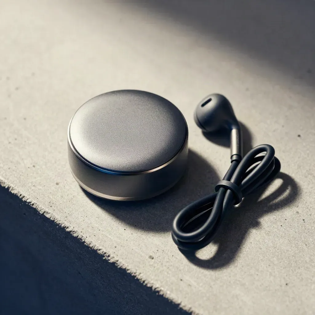 Overhead macro of a speaker puck, earbud case and coiled cable on a graphite stone surface.