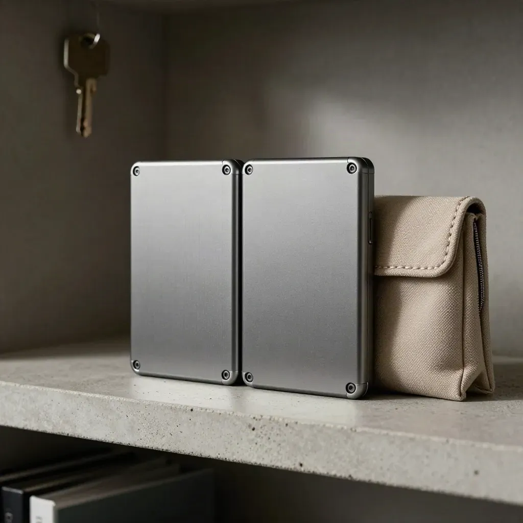 Two SSD cases beside a cable pouch on a concrete shelf in dramatic light.