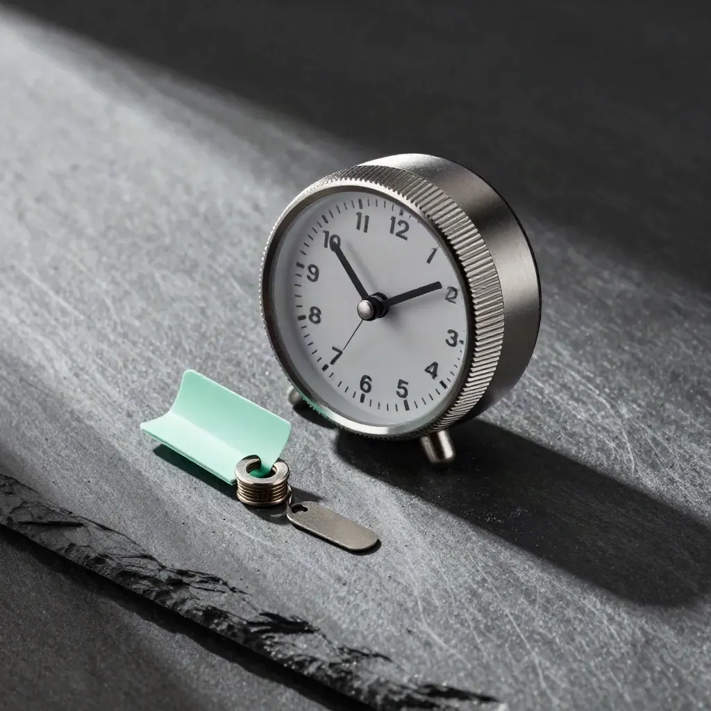 Mechanical desk timer and spring clip on graphite stone, lit from upper left with a mint accent.