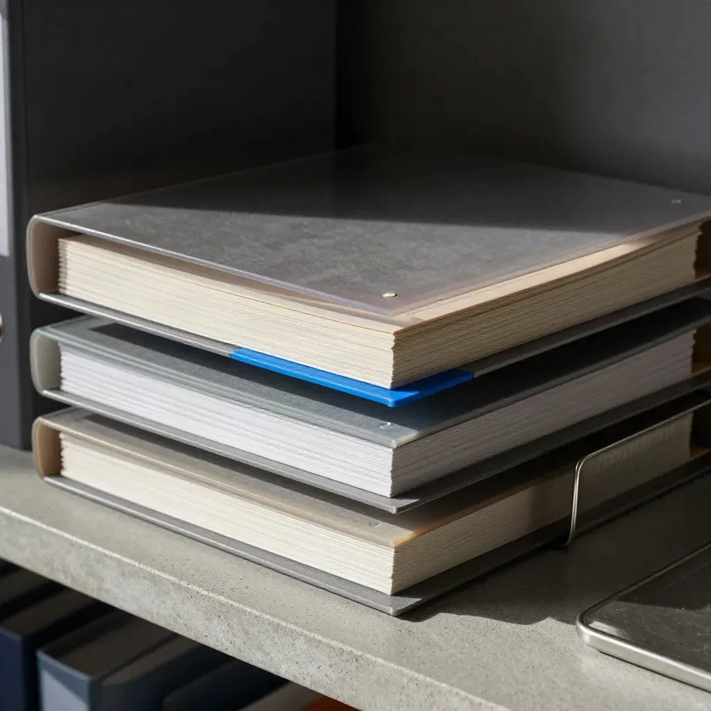 Graphite report binders with acetate dividers in a steel tray on concrete, lit by hard daylight.