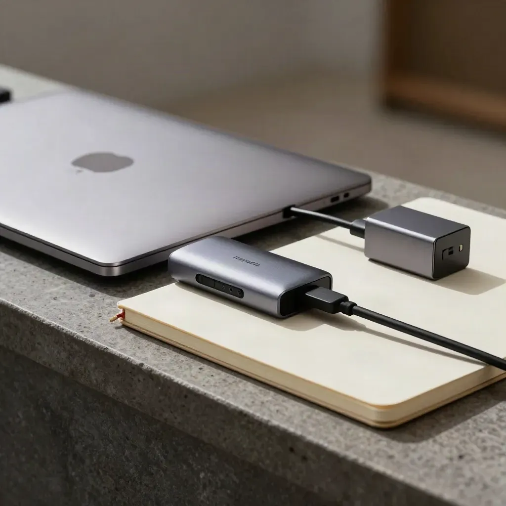 Closed laptop, USB-C hub, notebook, and power block on stone under dramatic side light.