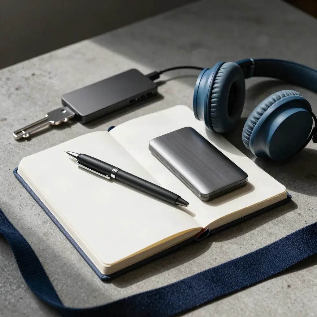 Top-down still life of sketchbook, pen, drive, and headphones on concrete, lit dramatically.