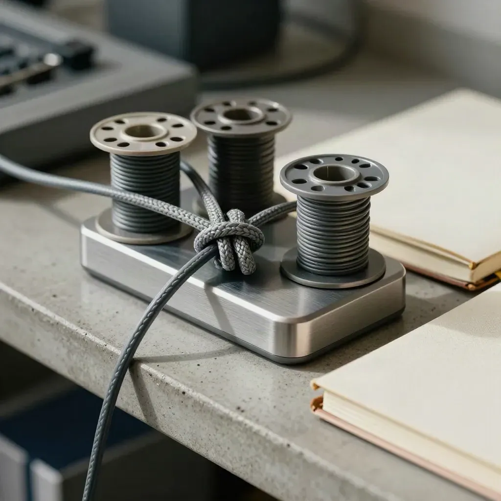 Macro cluster of charging dock, cable spools and notebooks on concrete with crossed cords