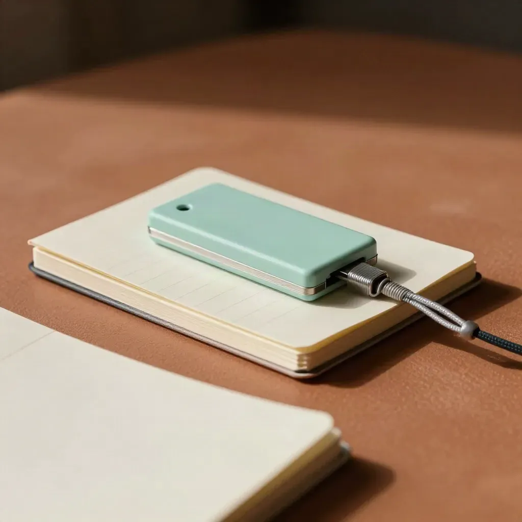 Overhead still life of two notebooks, a hub block, and linked cable ties on terracotta stone.