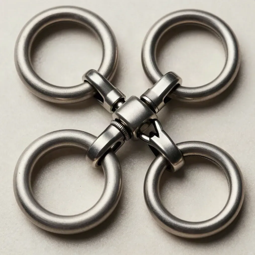 Brushed metal rings and a cable clip hooking together on stone in top-down editorial light.