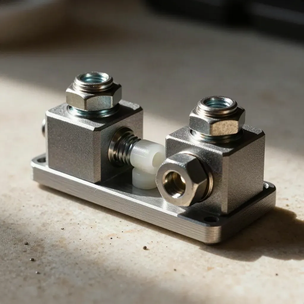 Machined connector blocks with bridge plate on limestone, lit by soft directional daylight.