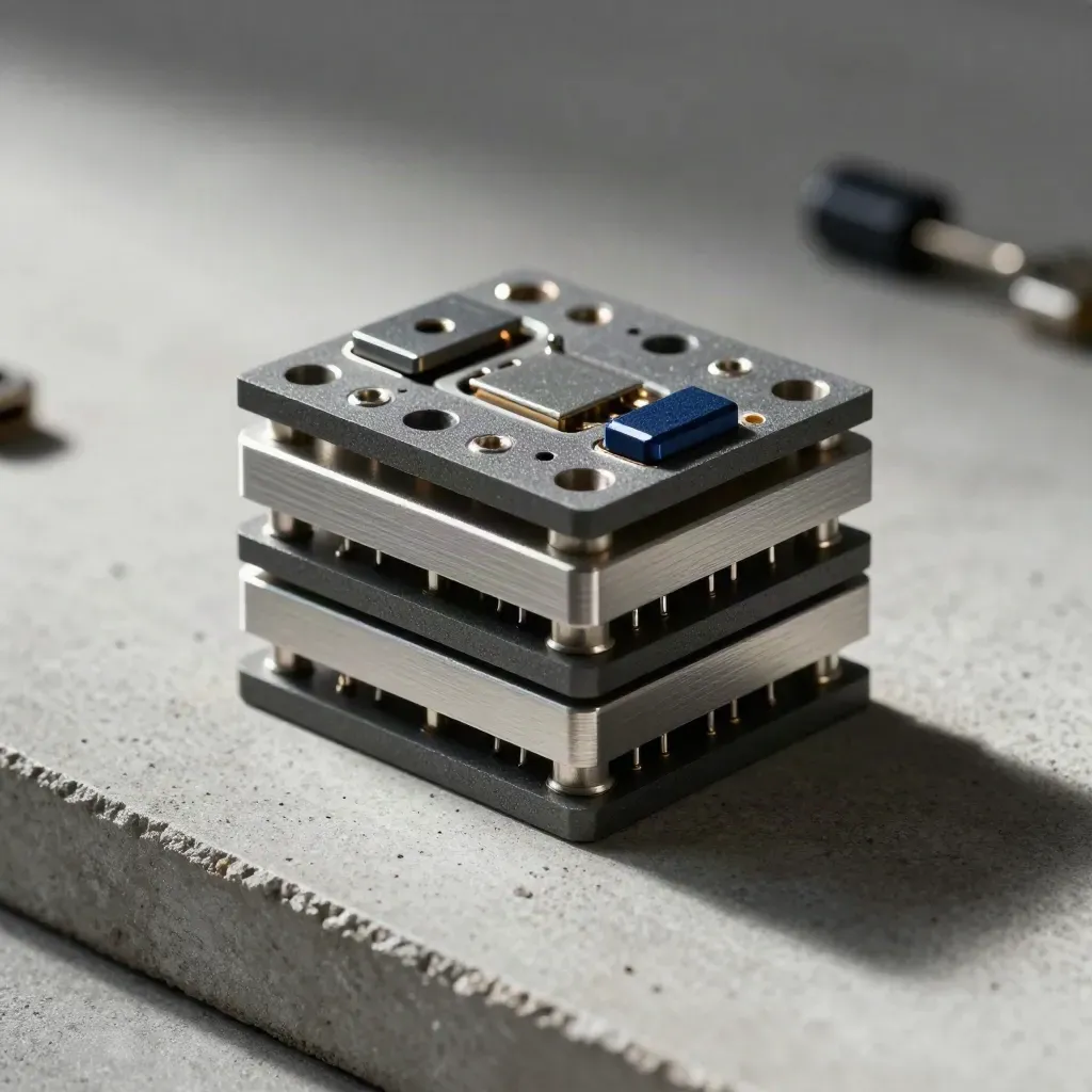 Top-down macro of stacked modular connector blocks and pins on concrete with a navy accent.