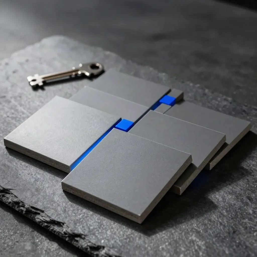 Matte modular tiles and magnetic spacers arranged in a compact grid on dark slate.