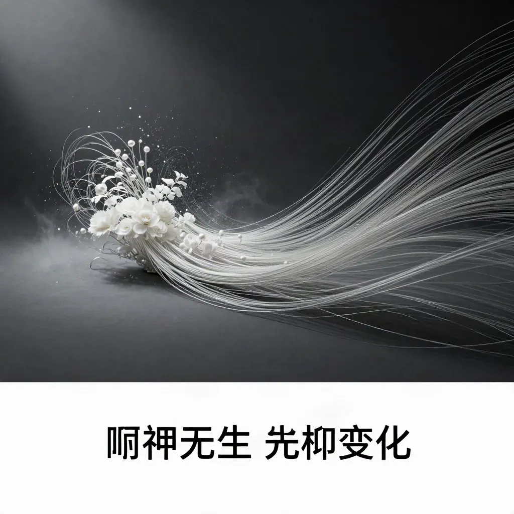 Silver light filaments spiral into a white bloom in a dark graphite void